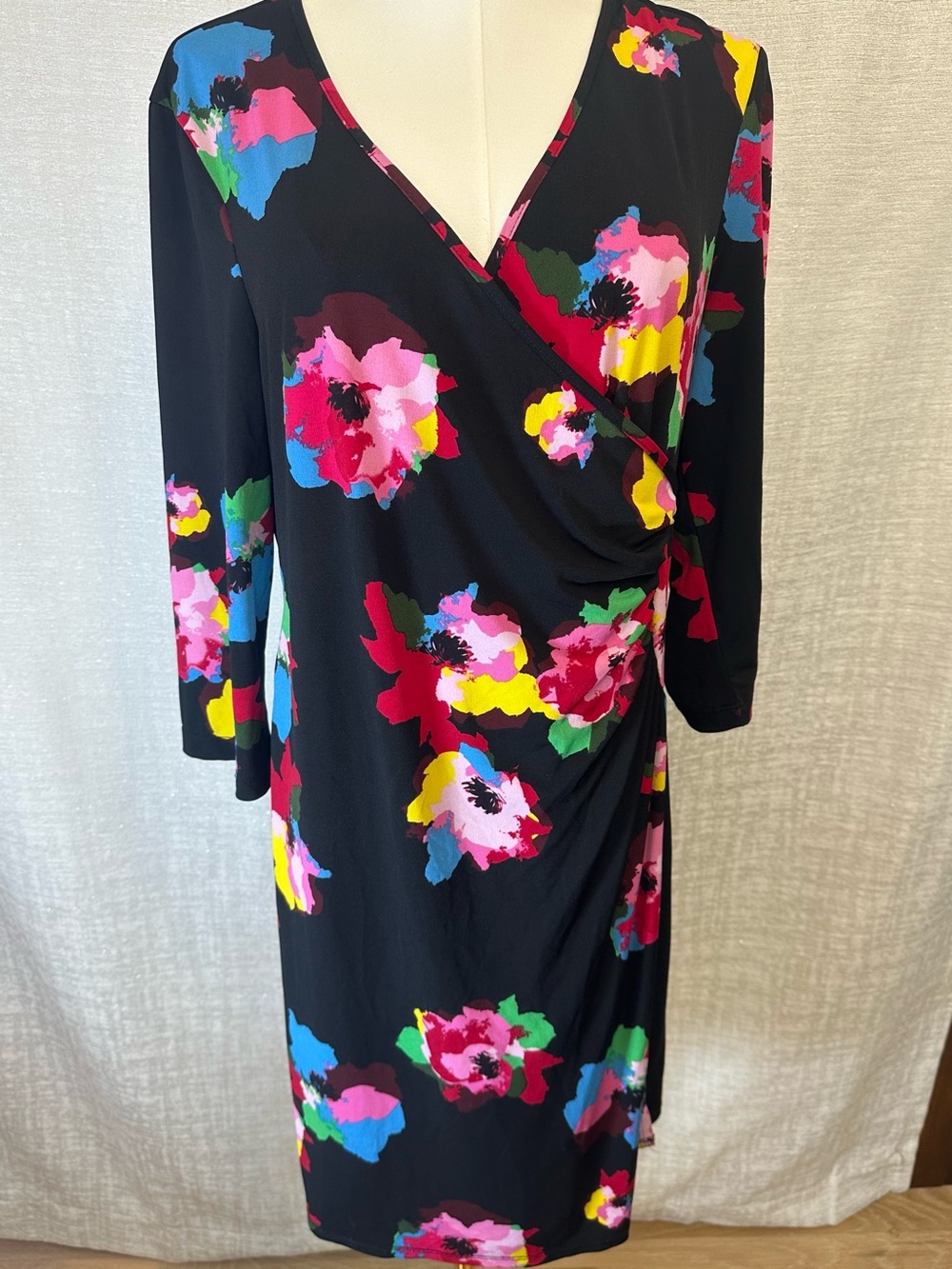 Laundry By Shelli Segal Black Floral Wrap Dress with Pink, Yellow & Blue Accents